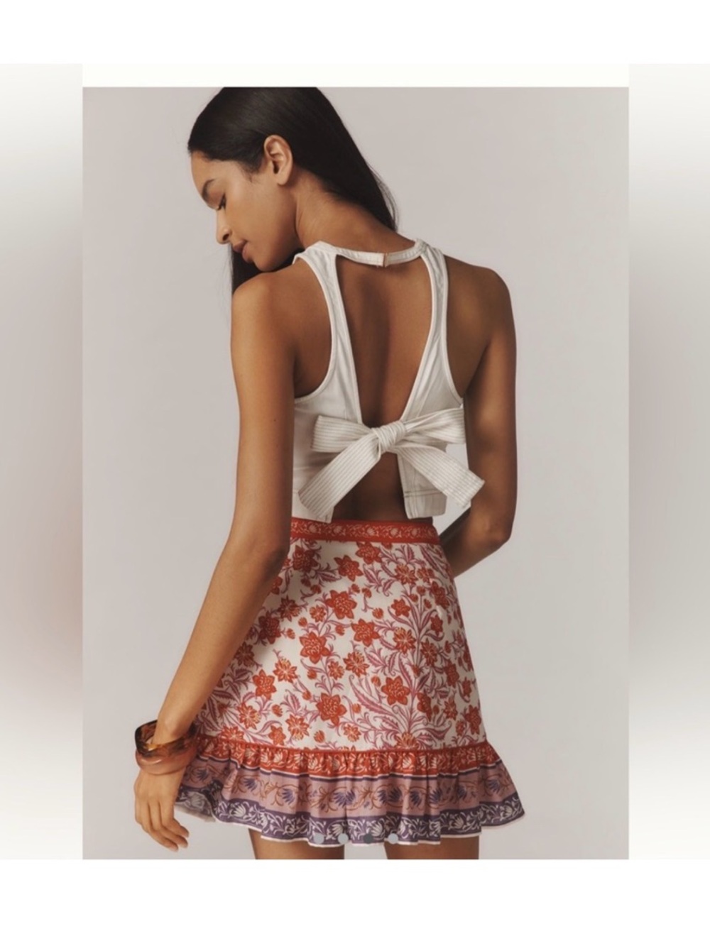 FARM Rio Cream Wrap Mini Skirt with Red Floral and Purple Trim